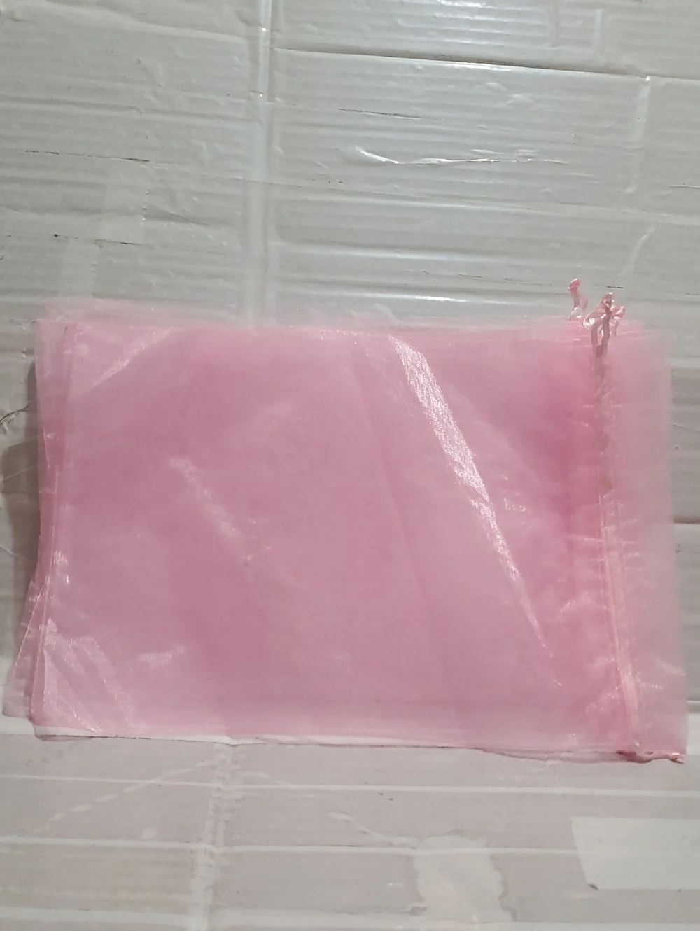 Set Of 6 Sheer Pink Organza Drawstring Bags -